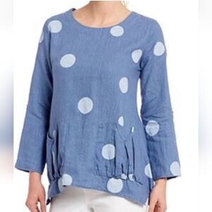 Ali Miles Linen Tunic Spotted Polk A Dot Blue Top Sz Petite Xl
